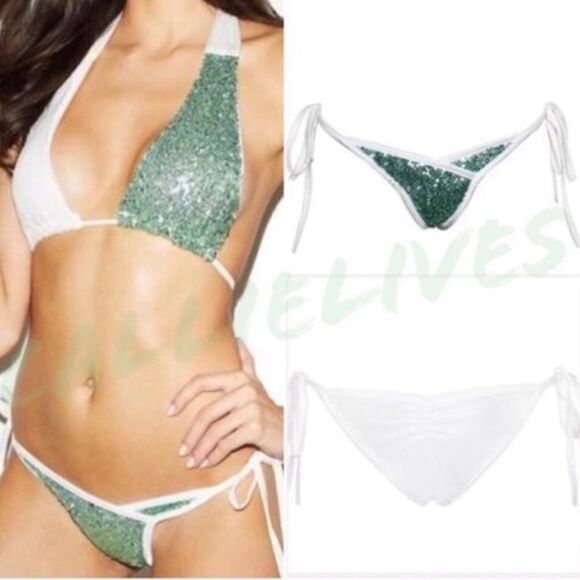 New! 2pc Bikini Emerald Green Sequins W/ Scrunch Butt Bottoms swimsuit - Picture 2 of 10